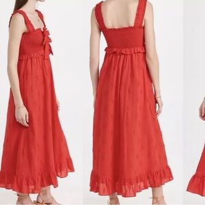 Red Pineapple Embroidered Smocked Bow Tie Ruffle Maxi Dress